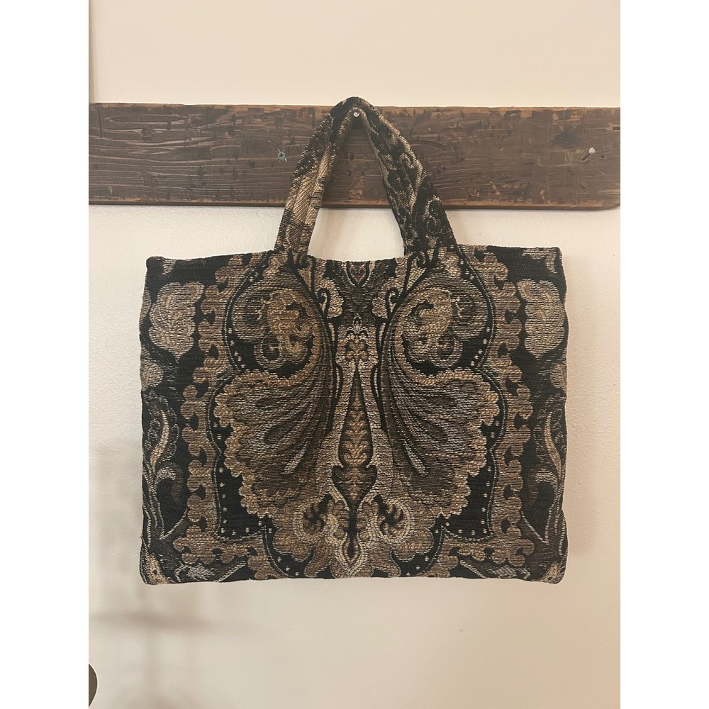 Handmade Tapestry Tote Bag Gold Black Damask Paisley Floral Woven Jacquard Lined